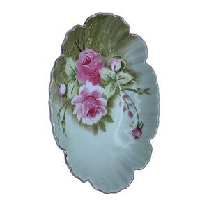 Lefton China Hand Painted Floral Oval Dish 6.5 inch Decorative Dish w Pink Roses